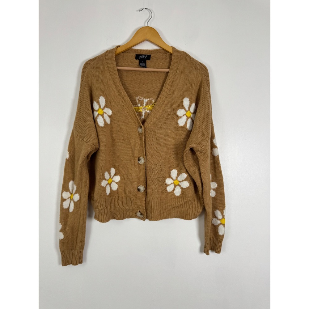 Cottagecore Just Polly Womens Large Cardigan Brown Daisy Floral Knit Sweater